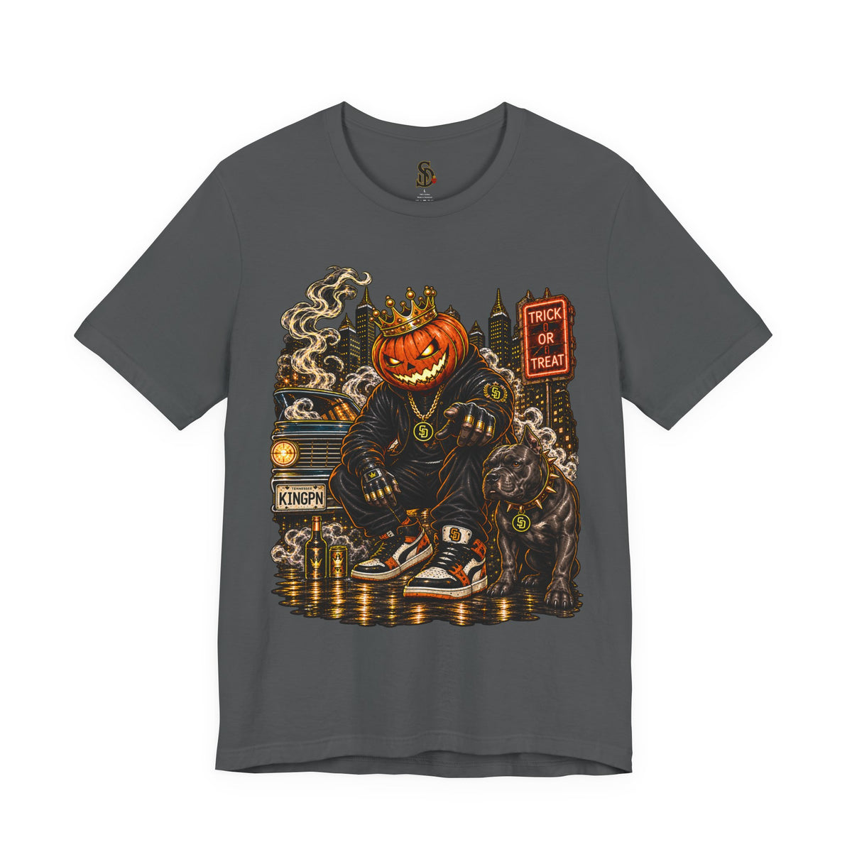 Pumpkin King Streetwear Tee product mockup featuring crowned pumpkin king Halloween artwork