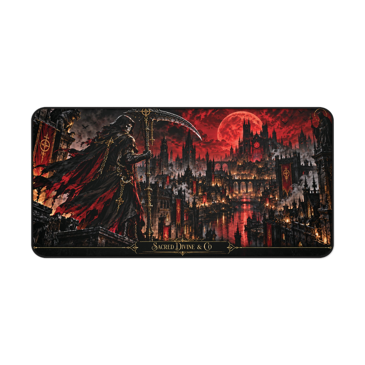 Gothic Reaper Castle desk mat showing a grim reaper before a dark castle beneath a crimson moon.