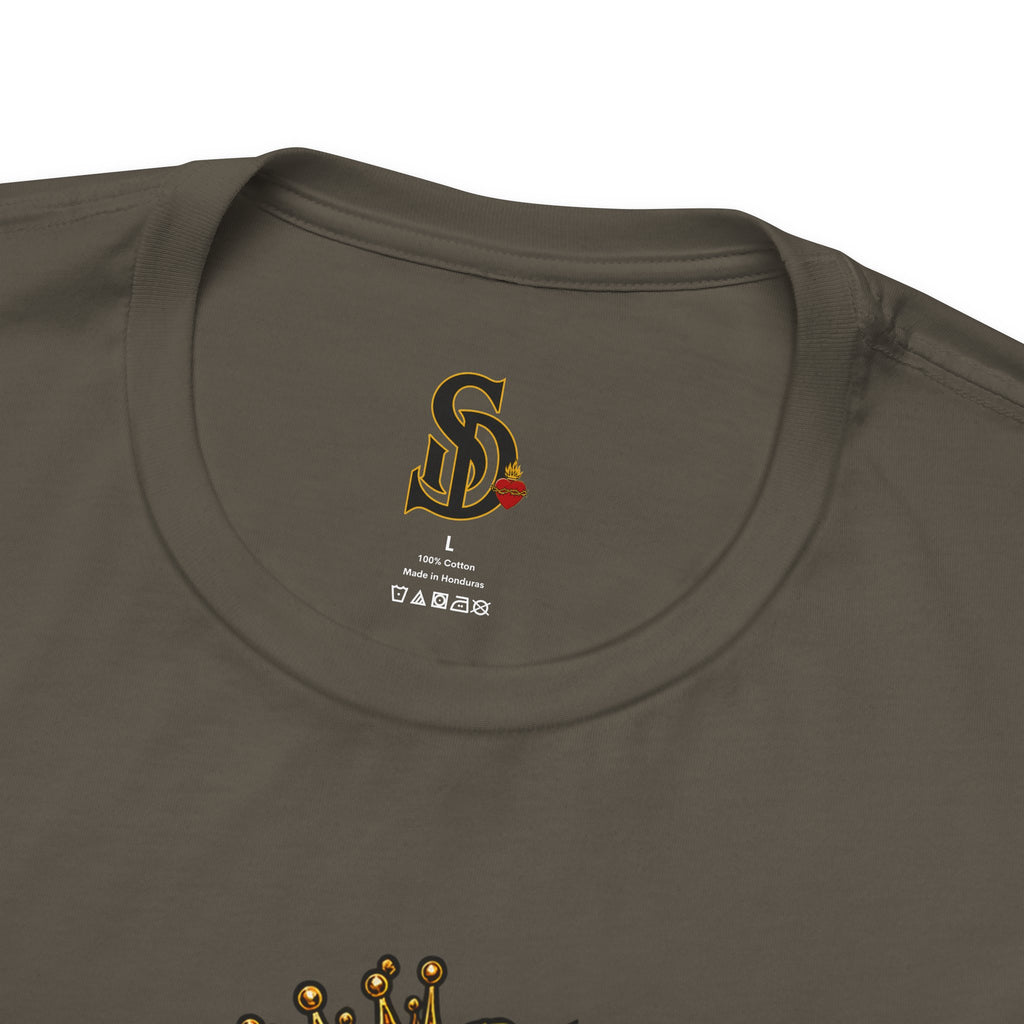 The Pumpkin Kingpin Tee product mockup with crowned jack-o'-lantern holding a No Rules Only Loyalty sign