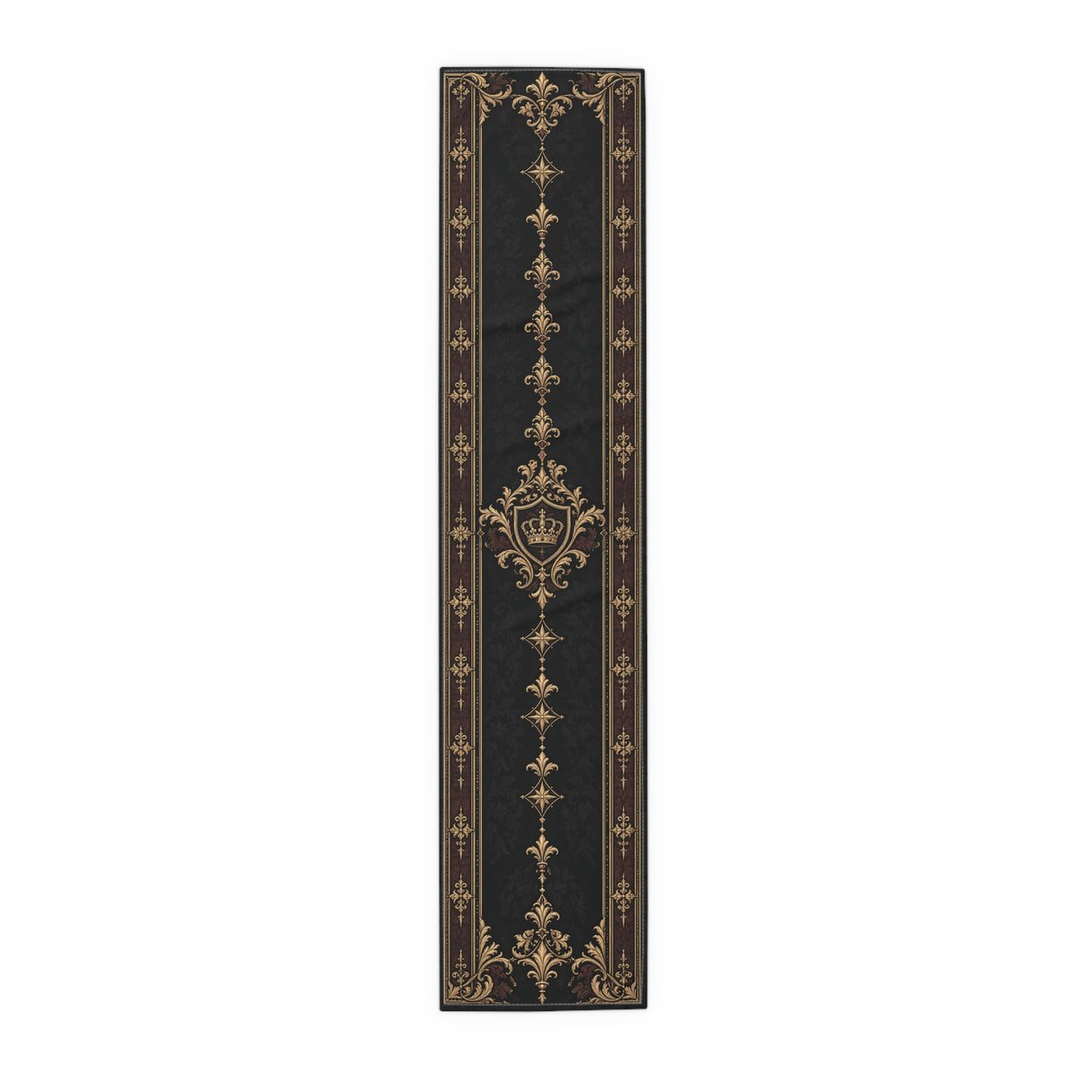 Gallery image 2: Black and Gold Baroque Table Runner featuring black and gold baroque table runner with scrolling borders and a fleur-de-lis-inspired center.