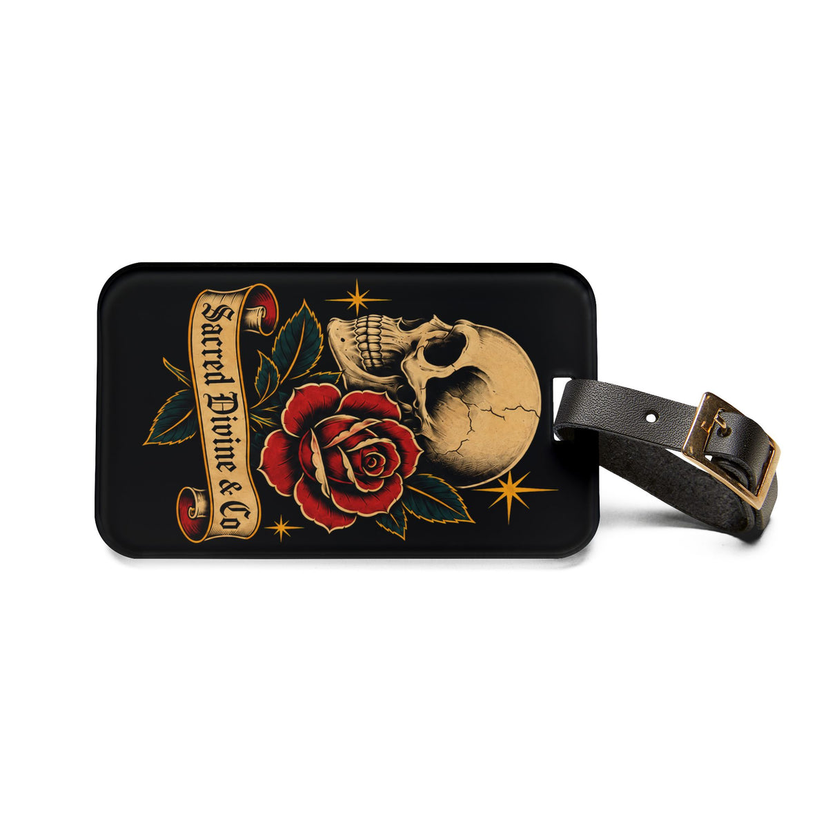 Sacred Divine & Co. Skull & Rose Luggage Tag — Vintage Tattoo Travel ID