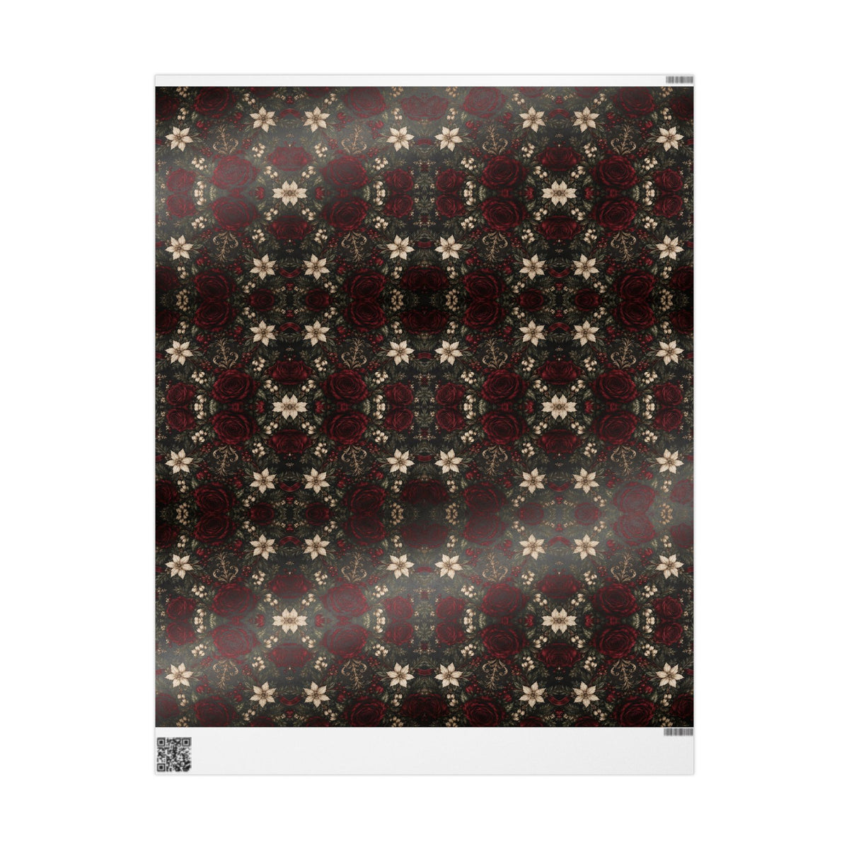 Glossy sheet of Burgundy Floral Pattern wrapping paper with a reflective finish and the white printer margin visible.