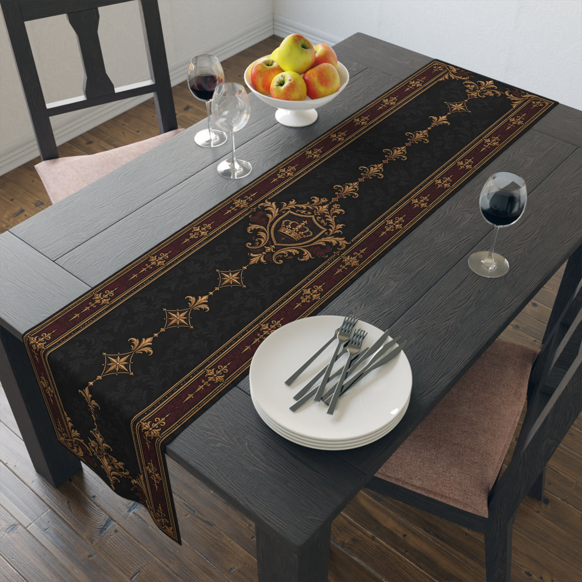 Gallery image 5: Vintage Baroque Gothic Table Runner featuring black polyester table runner with antique-gold scrollwork and a burgundy border.