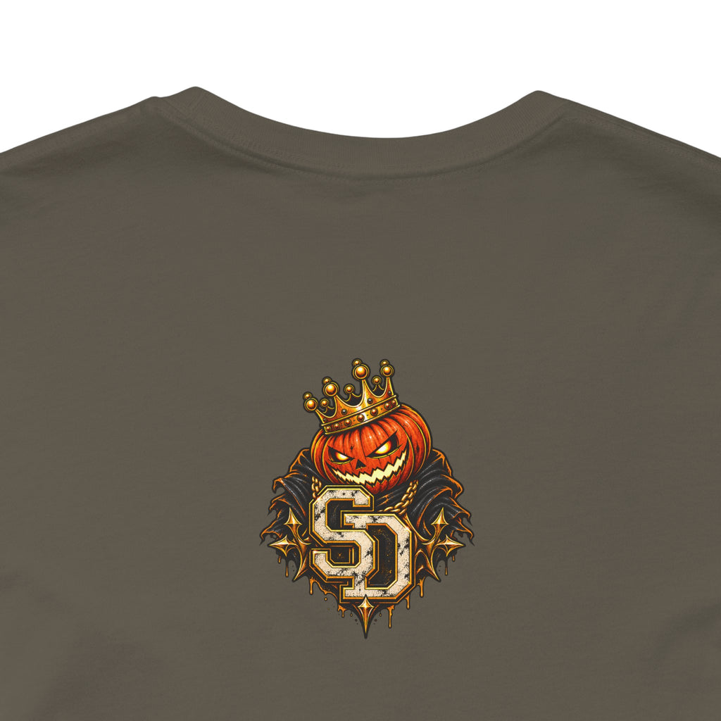 Pumpkin King Streetwear Tee product mockup featuring crowned pumpkin king Halloween artwork