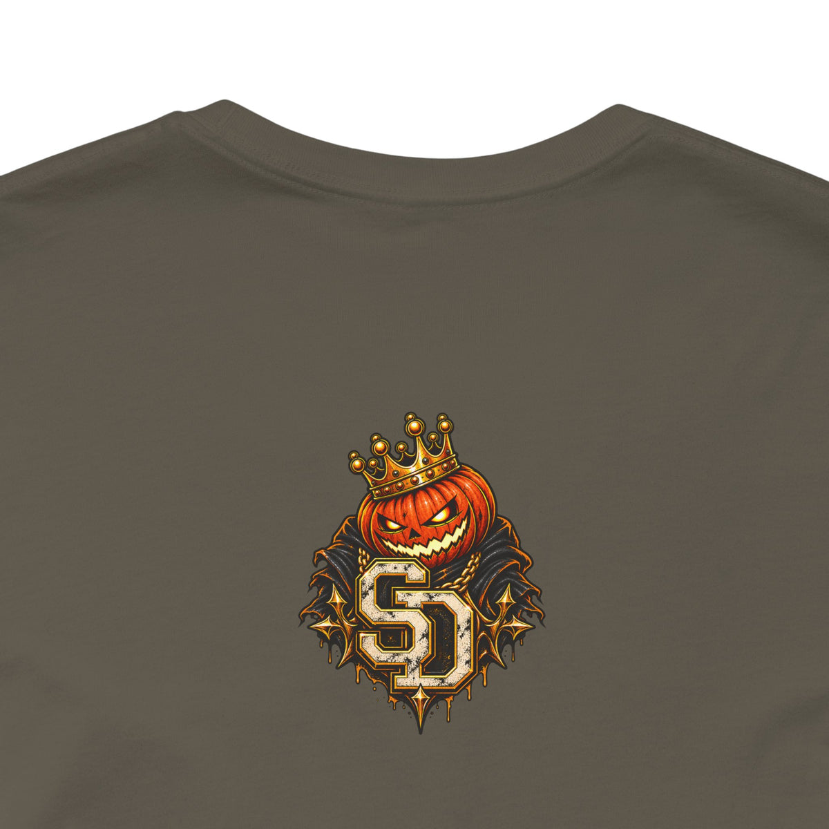 Pumpkin King Streetwear Tee product mockup featuring crowned pumpkin king Halloween artwork