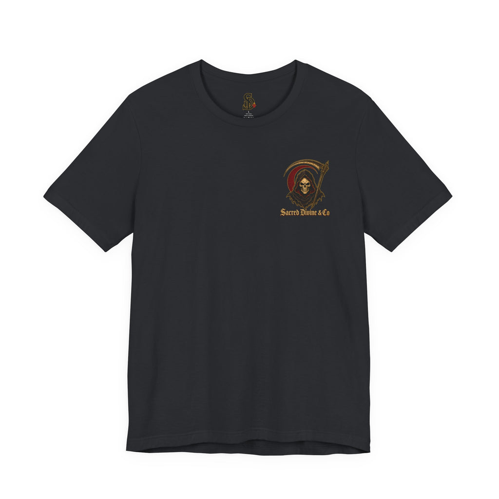 Grim Reaper Graphic Tee vintage black front flat-lay — Grim Reaper skull scythe red circle Sacred Divine & Co. left chest graphic