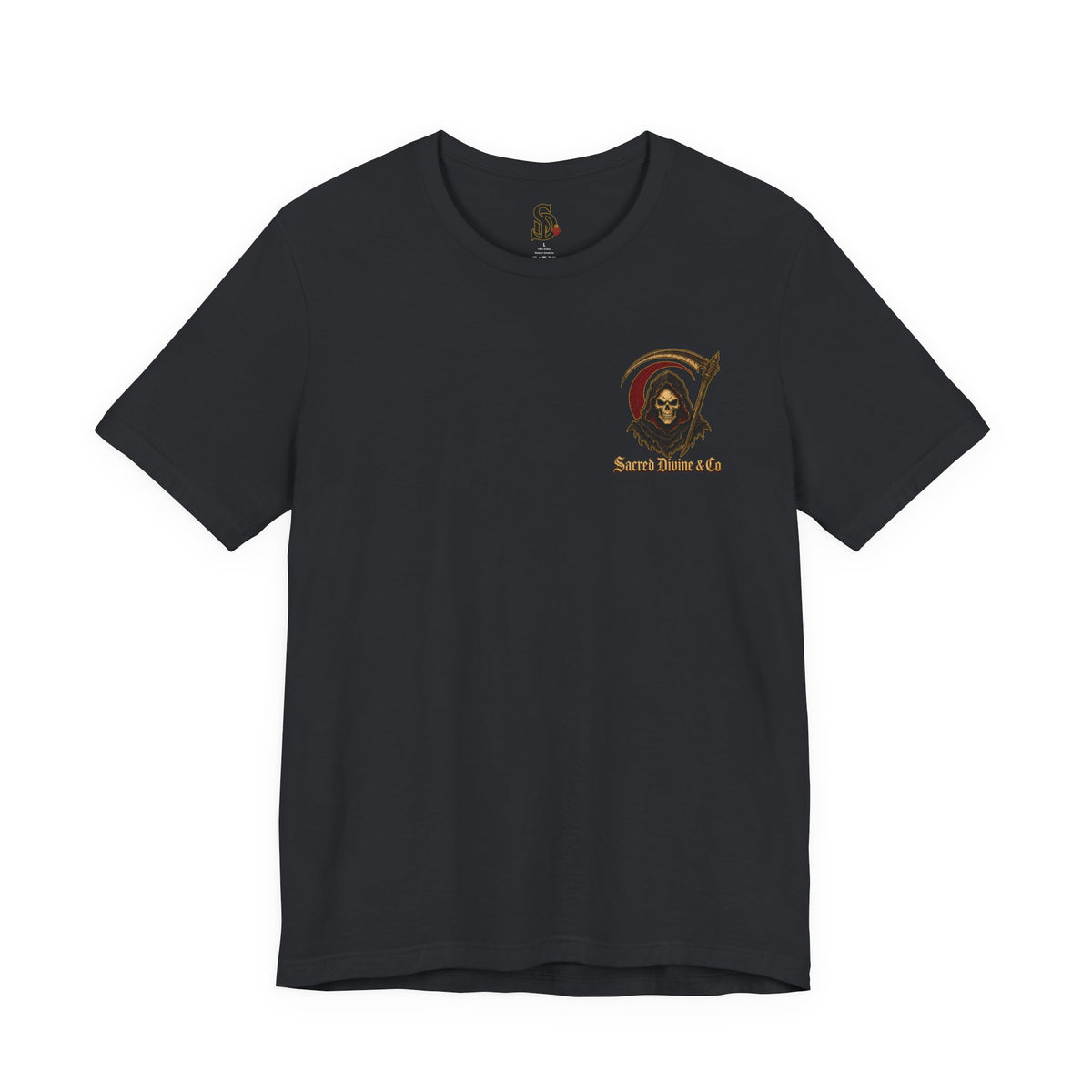 Grim Reaper Graphic Tee vintage black front flat-lay — Grim Reaper skull scythe red circle Sacred Divine & Co. left chest graphic