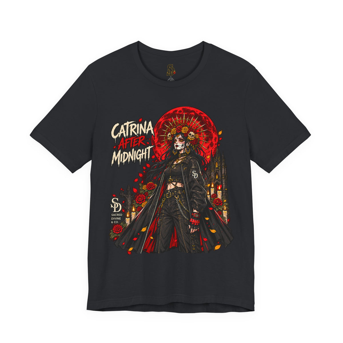 Catrina After Midnight Tee product mockup with Catrina sugar-skull artwork, crimson roses, and red sun