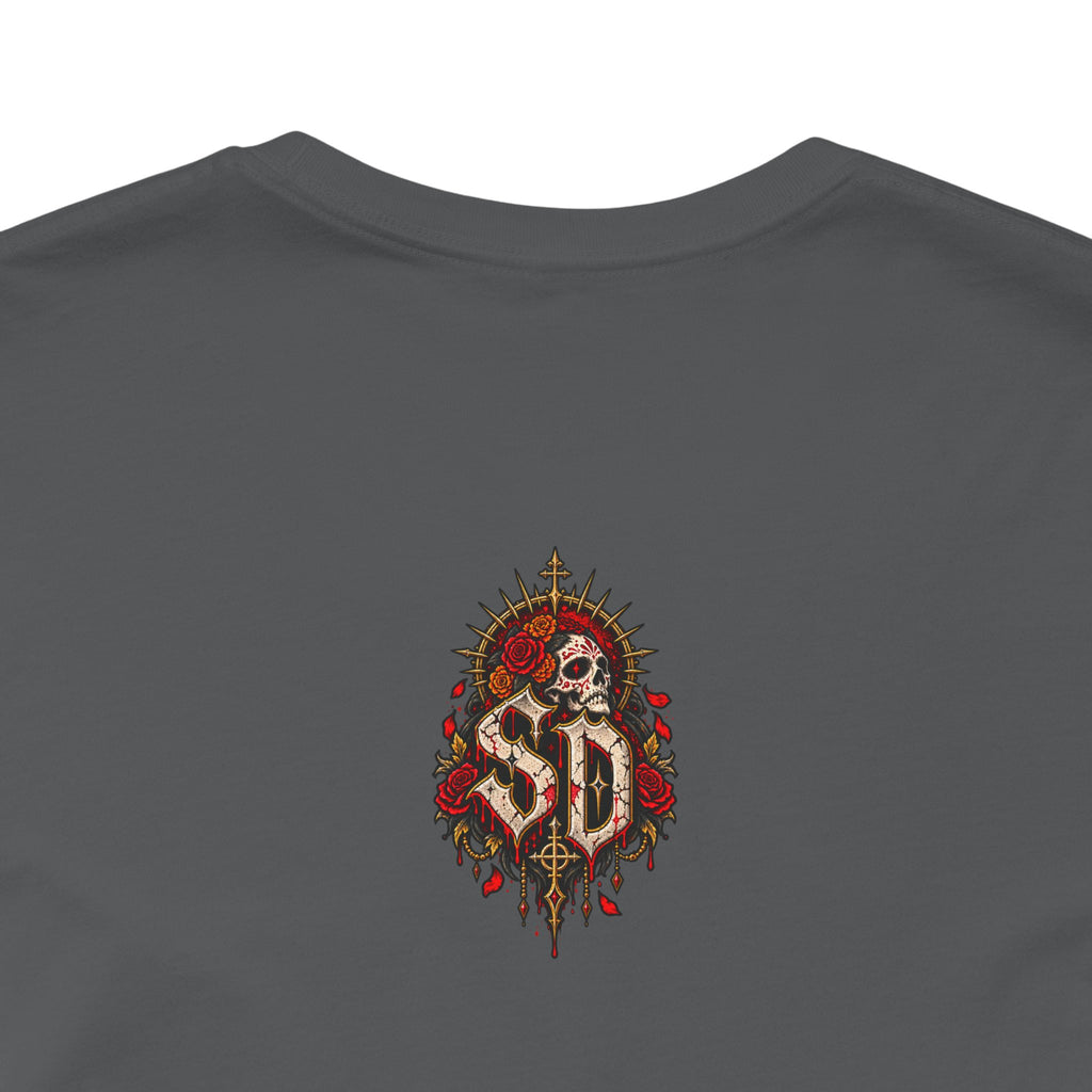 Day of the Dead Gothic Tee product mockup with skeletal Day of the Dead artwork and red accents
