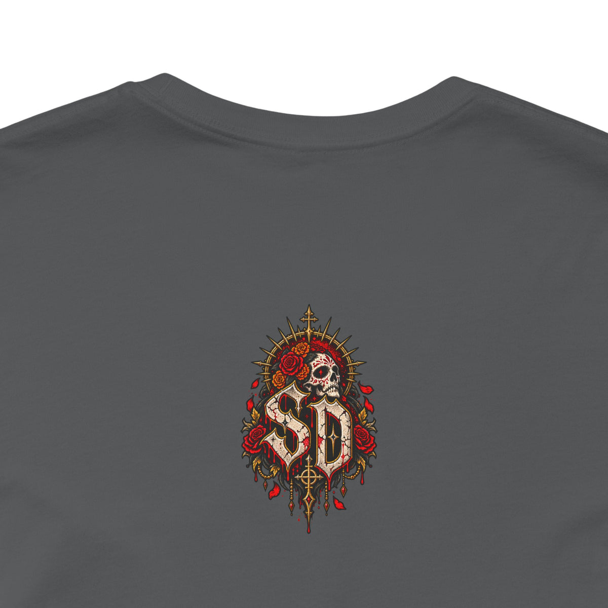 Day of the Dead Gothic Tee product mockup with skeletal Day of the Dead artwork and red accents
