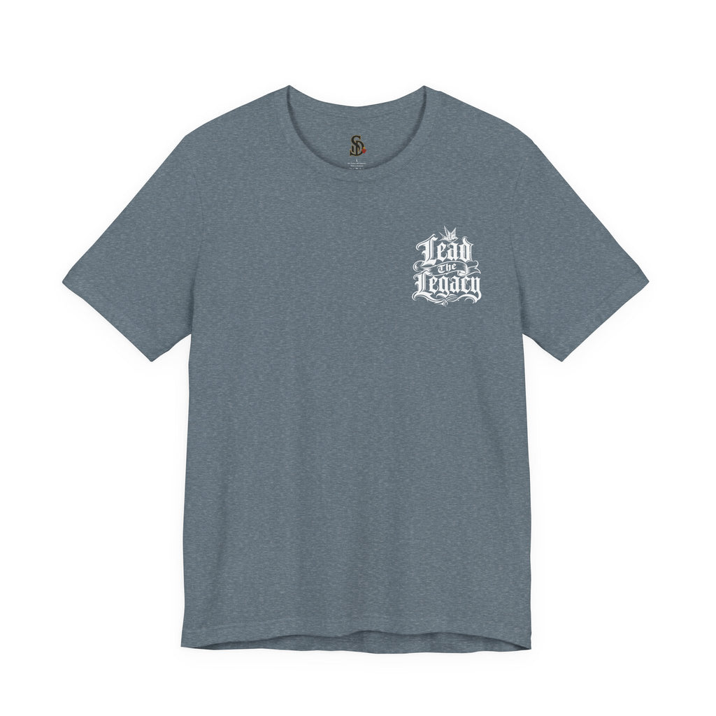 Lead the Legacy Graphic Tee heather slate front flat-lay — Lead the Legacy gothic script left chest pocket logo
