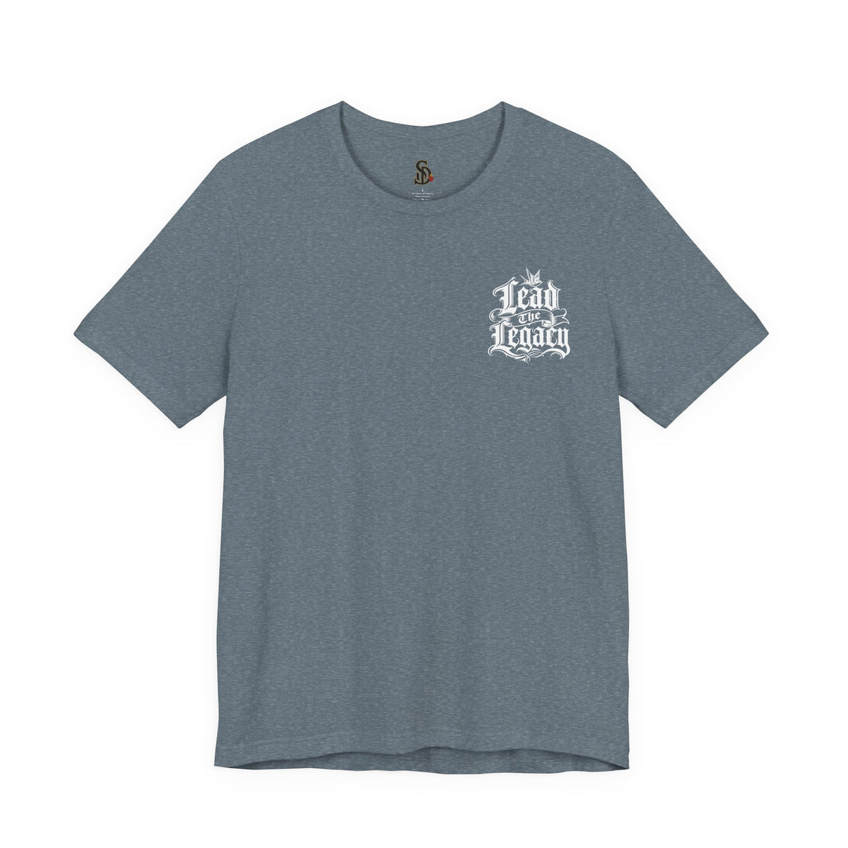 Lead the Legacy Graphic Tee heather slate front flat-lay — Lead the Legacy gothic script left chest pocket logo