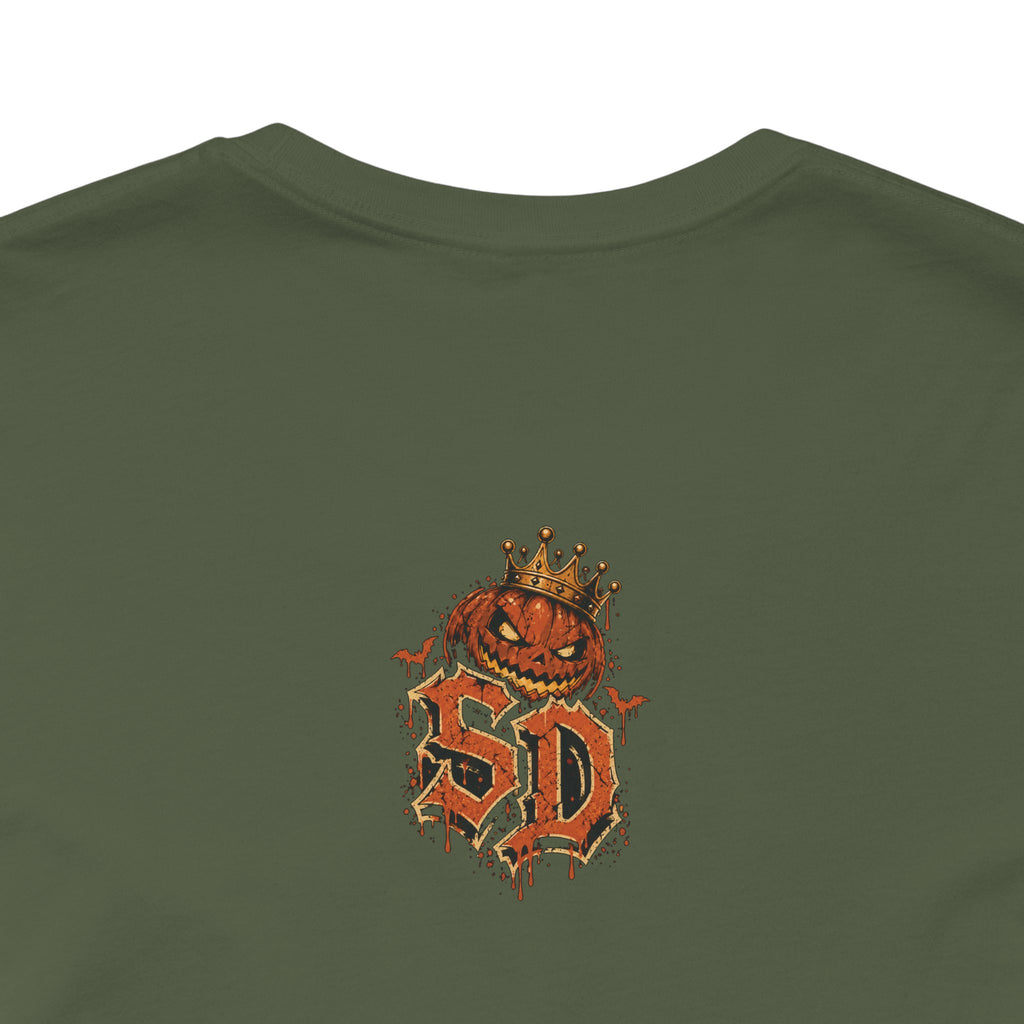 Pumpkin Kingpin Crew Tee product mockup featuring crowned jack-o'-lantern kingpin and crew artwork