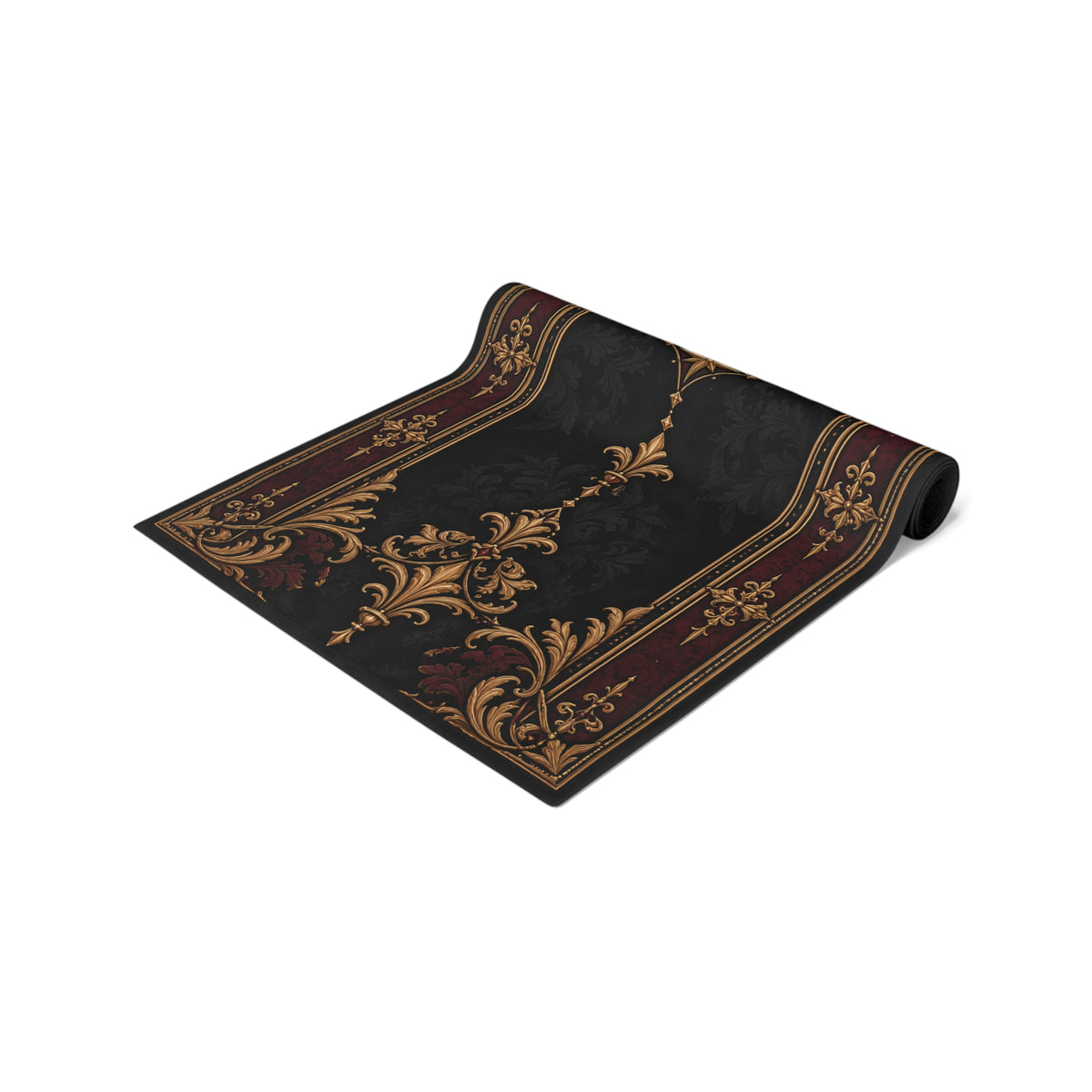 Gallery image 3: Vintage Baroque Gothic Table Runner featuring black polyester table runner with antique-gold scrollwork and a burgundy border.