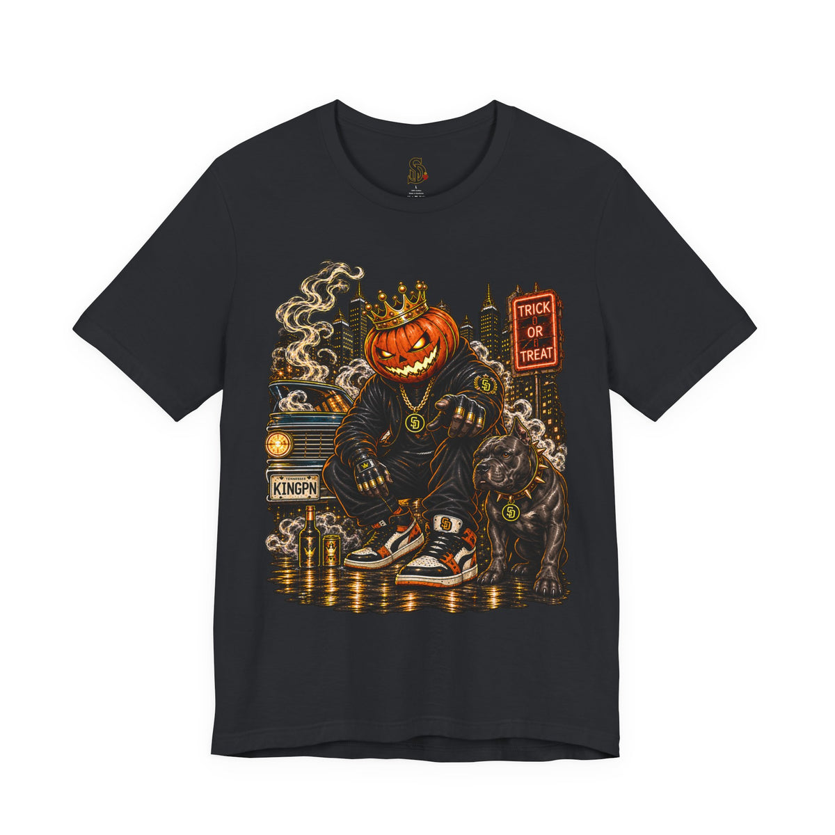 Pumpkin King Streetwear Tee product mockup featuring crowned pumpkin king Halloween artwork