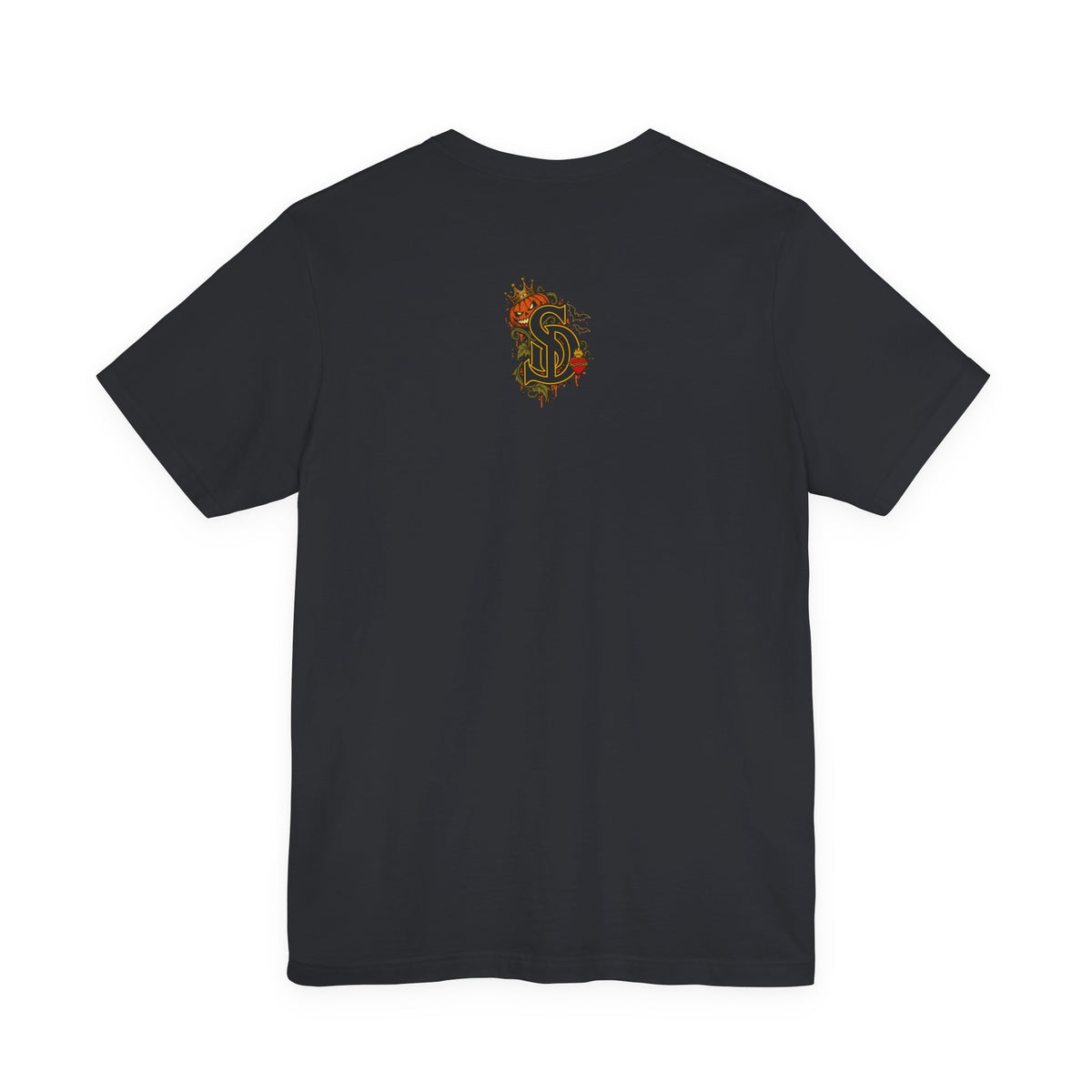 The Pumpkin Kingpin Tee product mockup with crowned jack-o'-lantern holding a No Rules Only Loyalty sign