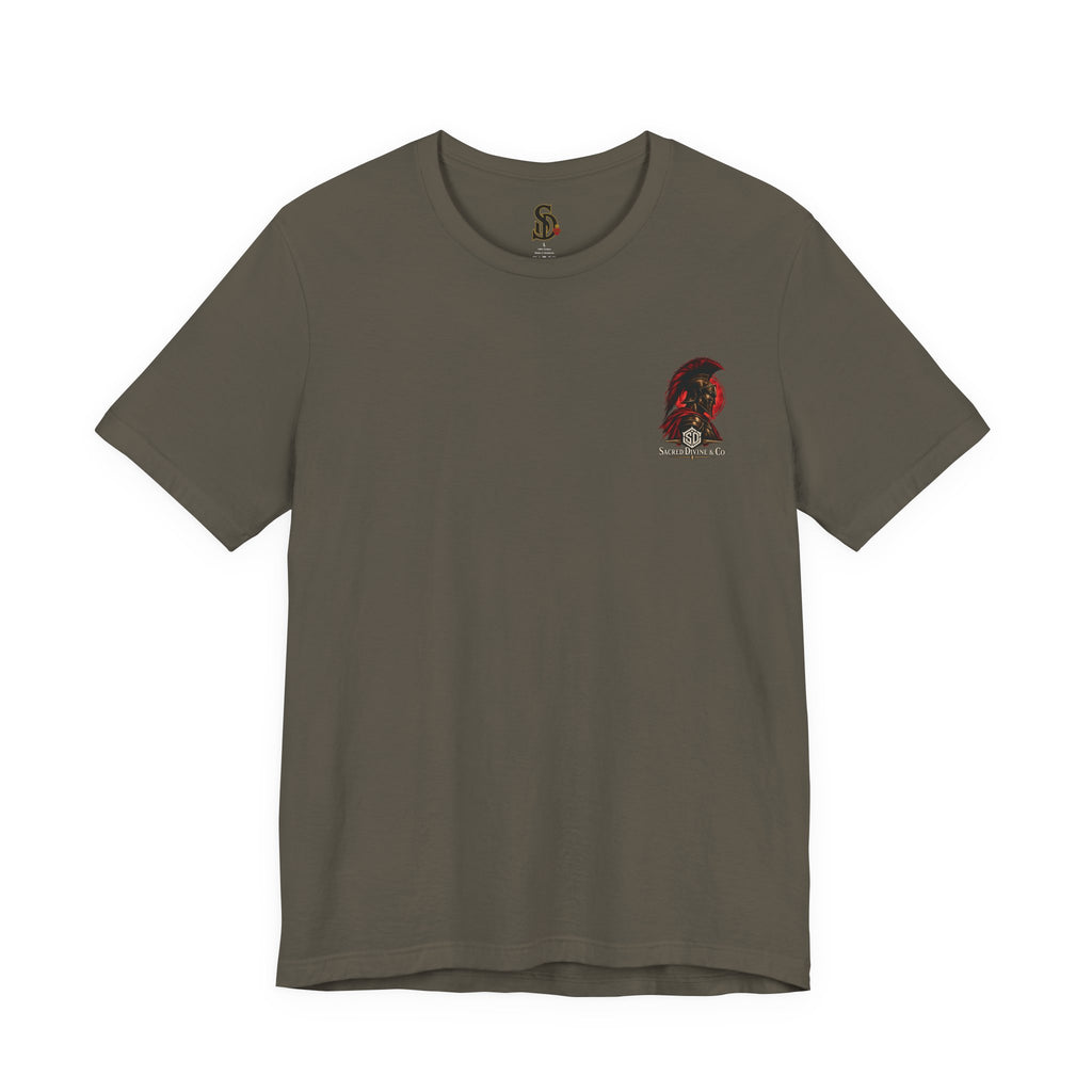 Spartan Warrior Tee army front flat-lay — Spartan helmet bust Sacred Divine & Co. left chest graphic