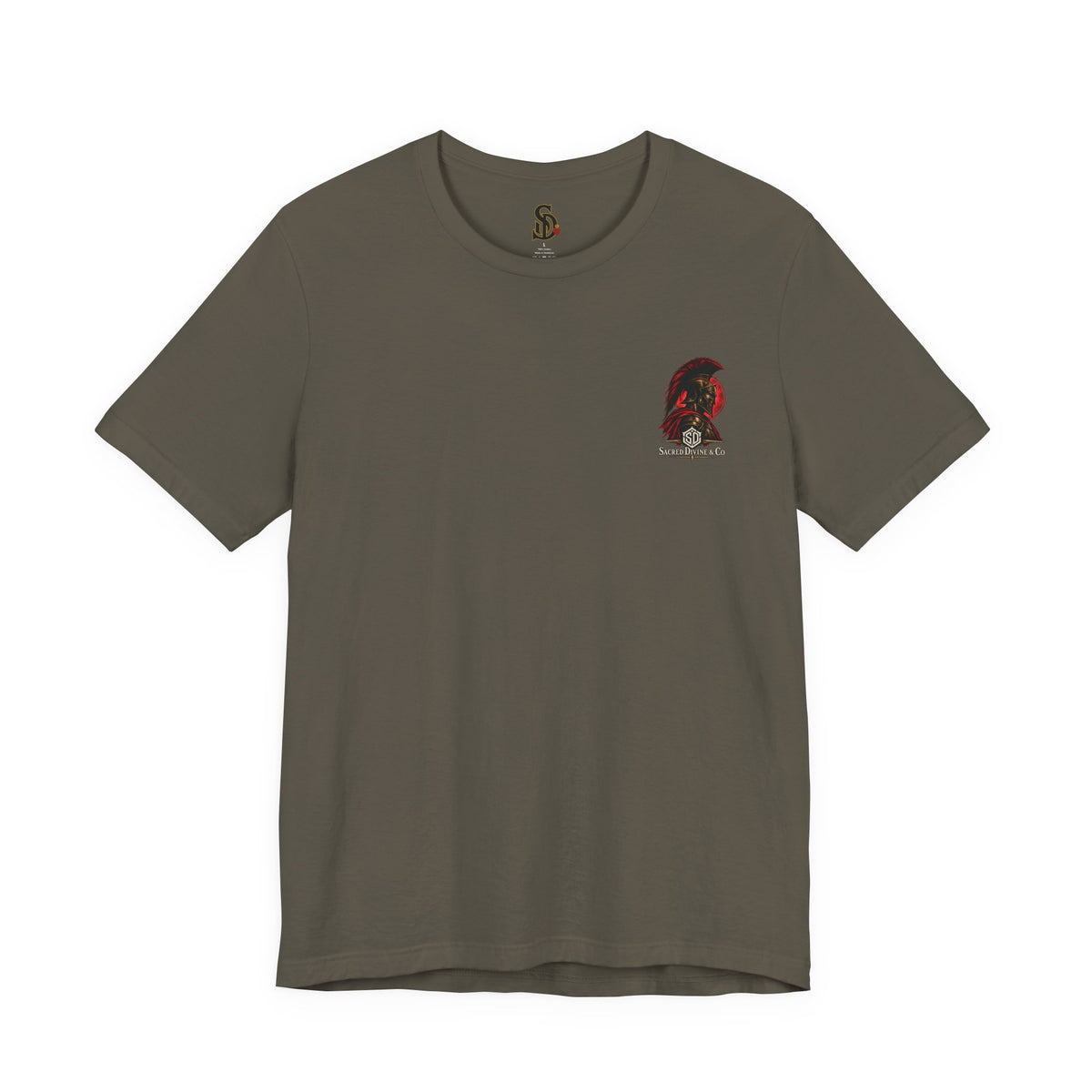 Spartan Warrior Tee army front flat-lay — Spartan helmet bust Sacred Divine & Co. left chest graphic