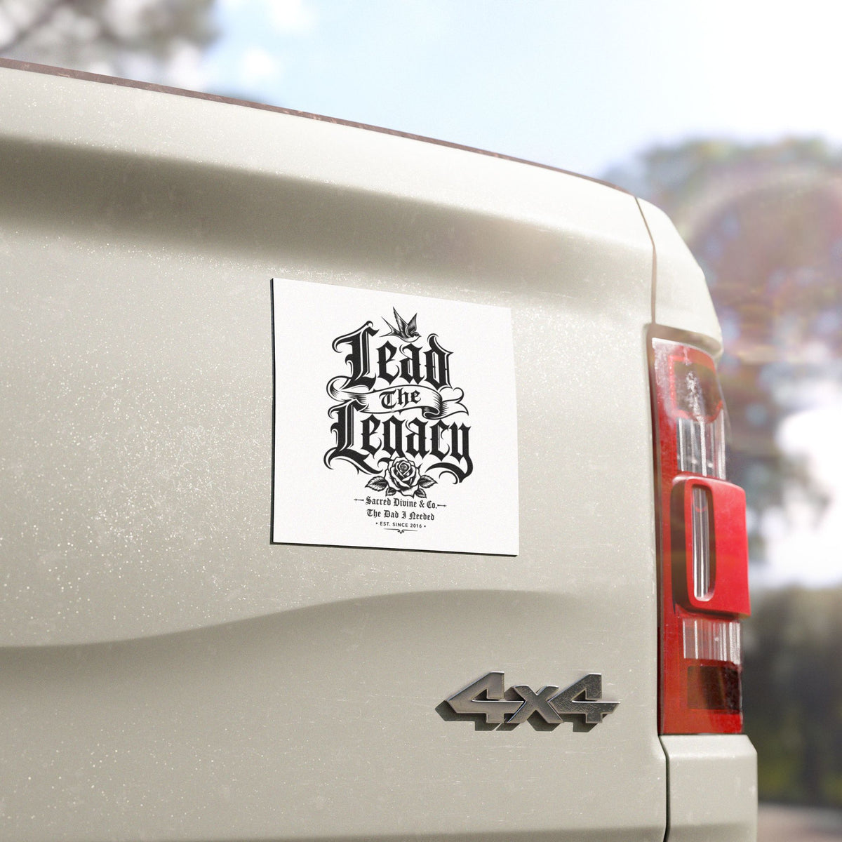 Sacred Divine & Co. Lead the Legacy Car Magnet — Black Gothic Script Racing Decal