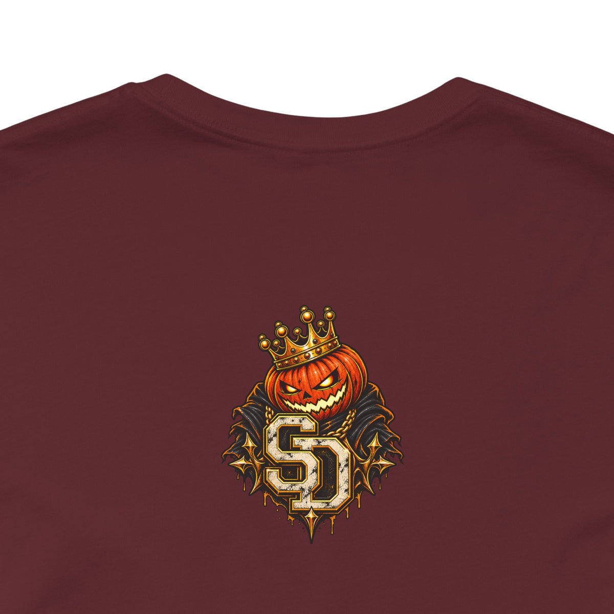 Pumpkin King Streetwear Tee product mockup featuring crowned pumpkin king Halloween artwork