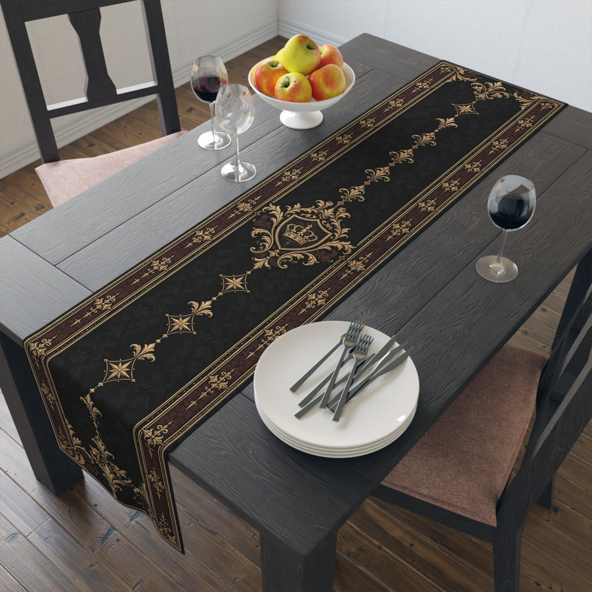 Gallery image 5: Black and Gold Baroque Table Runner featuring black and gold baroque table runner with scrolling borders and a fleur-de-lis-inspired center.