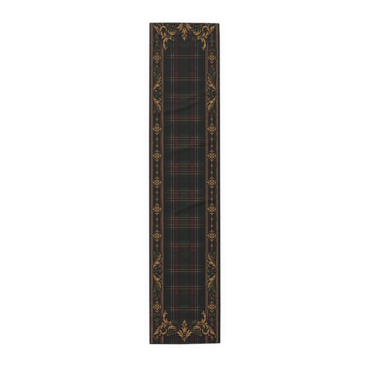 Gallery image 2: Tartan Plaid Floral Border Table Runner featuring polyester table runner with tartan plaid and a golden floral border.