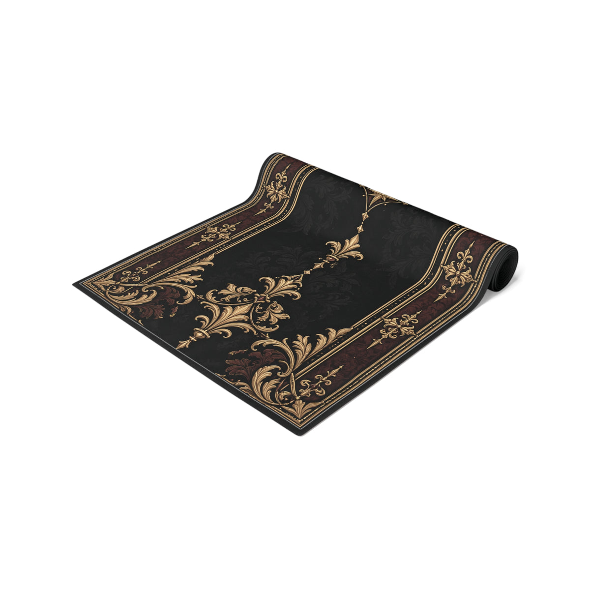 Gallery image 3: Black and Gold Baroque Table Runner featuring black and gold baroque table runner with scrolling borders and a fleur-de-lis-inspired center.