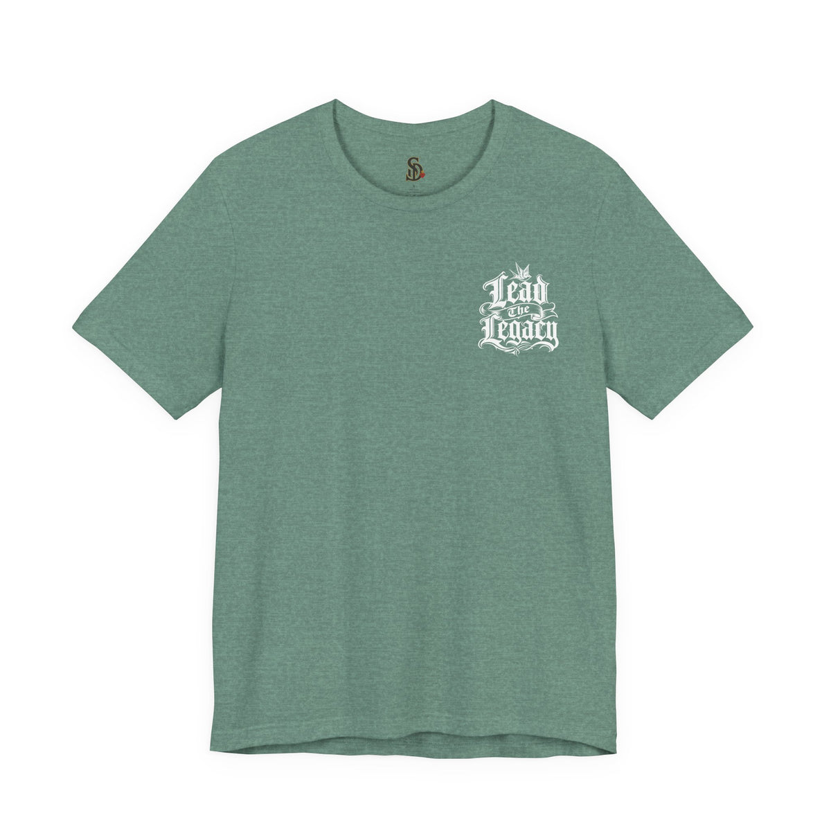 Lead the Legacy Graphic Tee heather dusty blue front flat-lay — Lead the Legacy gothic script left chest pocket logo