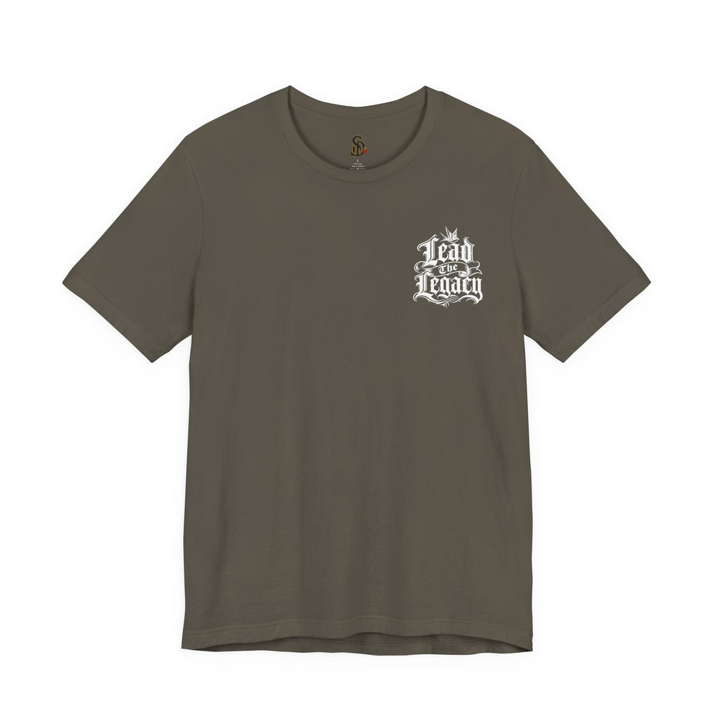 Lead the Legacy Graphic Tee army front flat-lay — Lead the Legacy gothic script left chest pocket logo