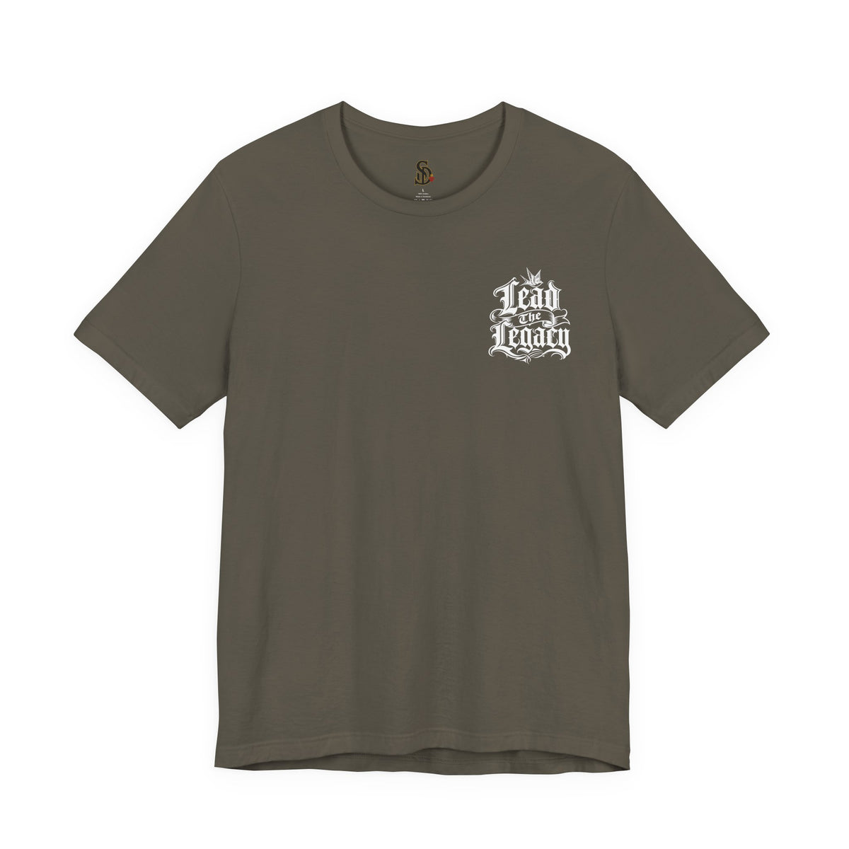 Lead the Legacy Graphic Tee army front flat-lay — Lead the Legacy gothic script left chest pocket logo