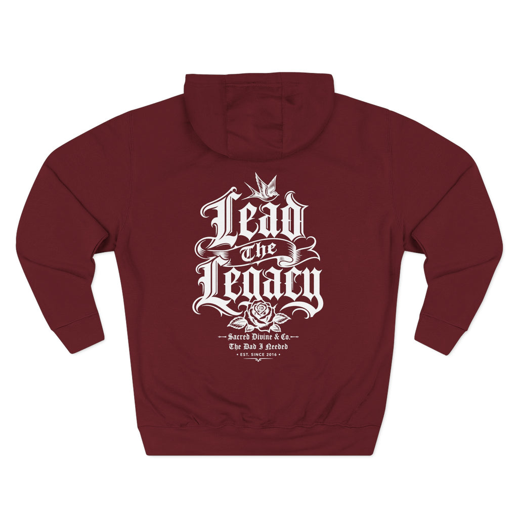 Lead the Legacy Hoodie burgundy back flat-lay — Lead the Legacy gothic script full back graphic with Sacred Divine & Co. wordmark