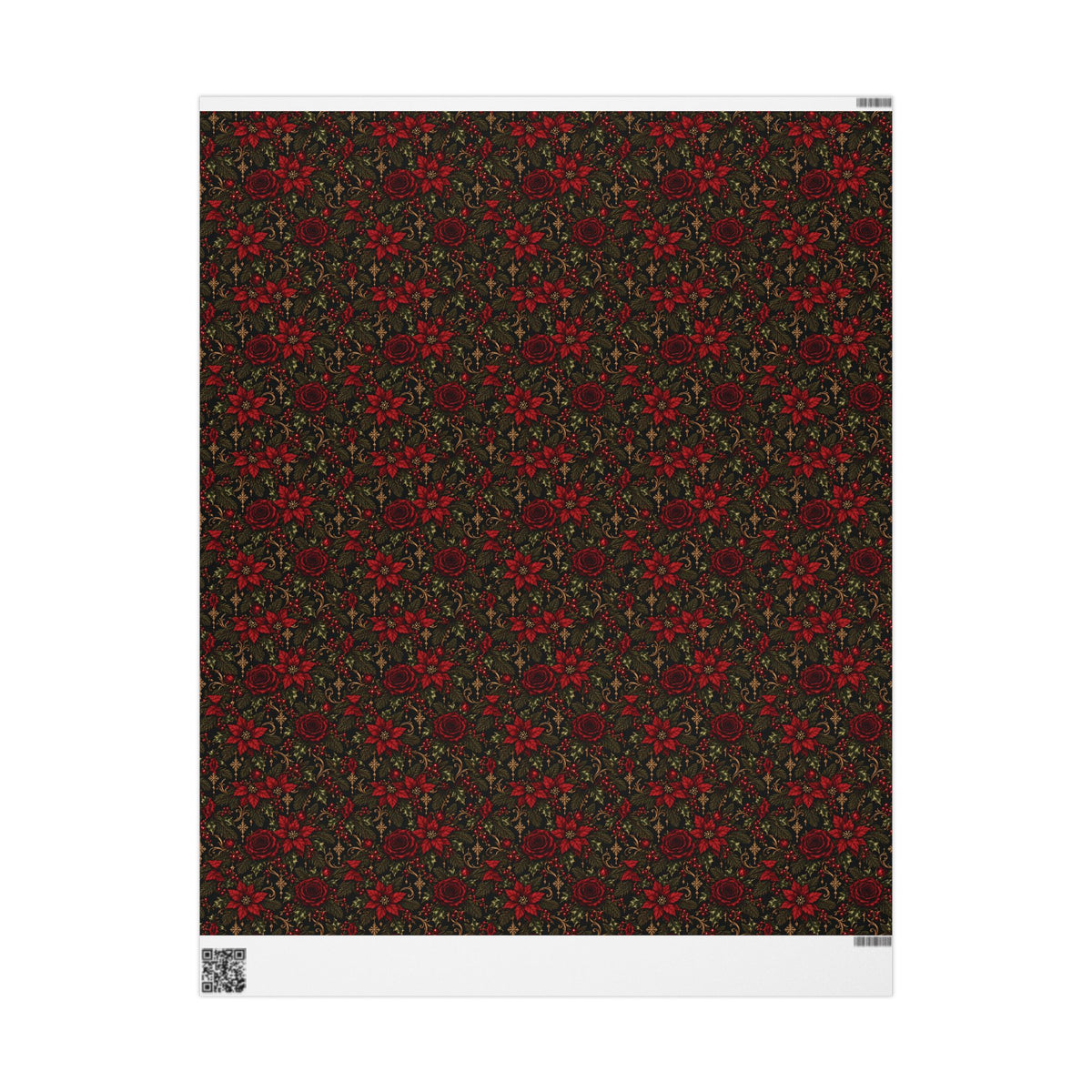 Full sheet of Dark Botanical Floral wrapping paper showing the repeating print, with the white printer margins and QR code visible.