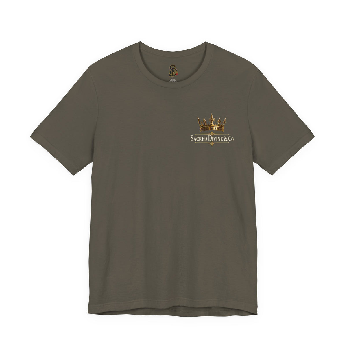 Gold Crown Logo Jersey Tee army front flat-lay — Sacred Divine & Co. gold crown logo left chest graphic