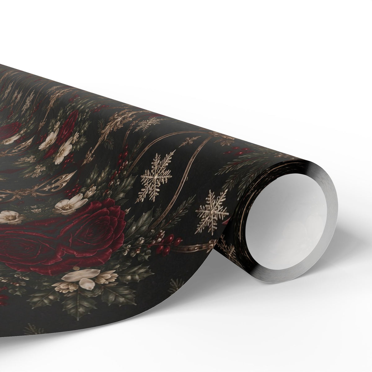 Close-up of a Midnight Floral Medallion wrapping paper roll curling outward, showing burgundy roses, ivory flowers, and gold botanical lines on charcoal.