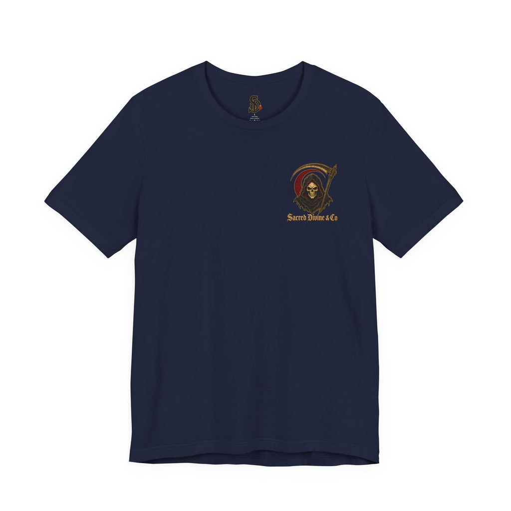 Grim Reaper Graphic Tee navy front flat-lay — Grim Reaper skull scythe red circle Sacred Divine & Co. left chest graphic