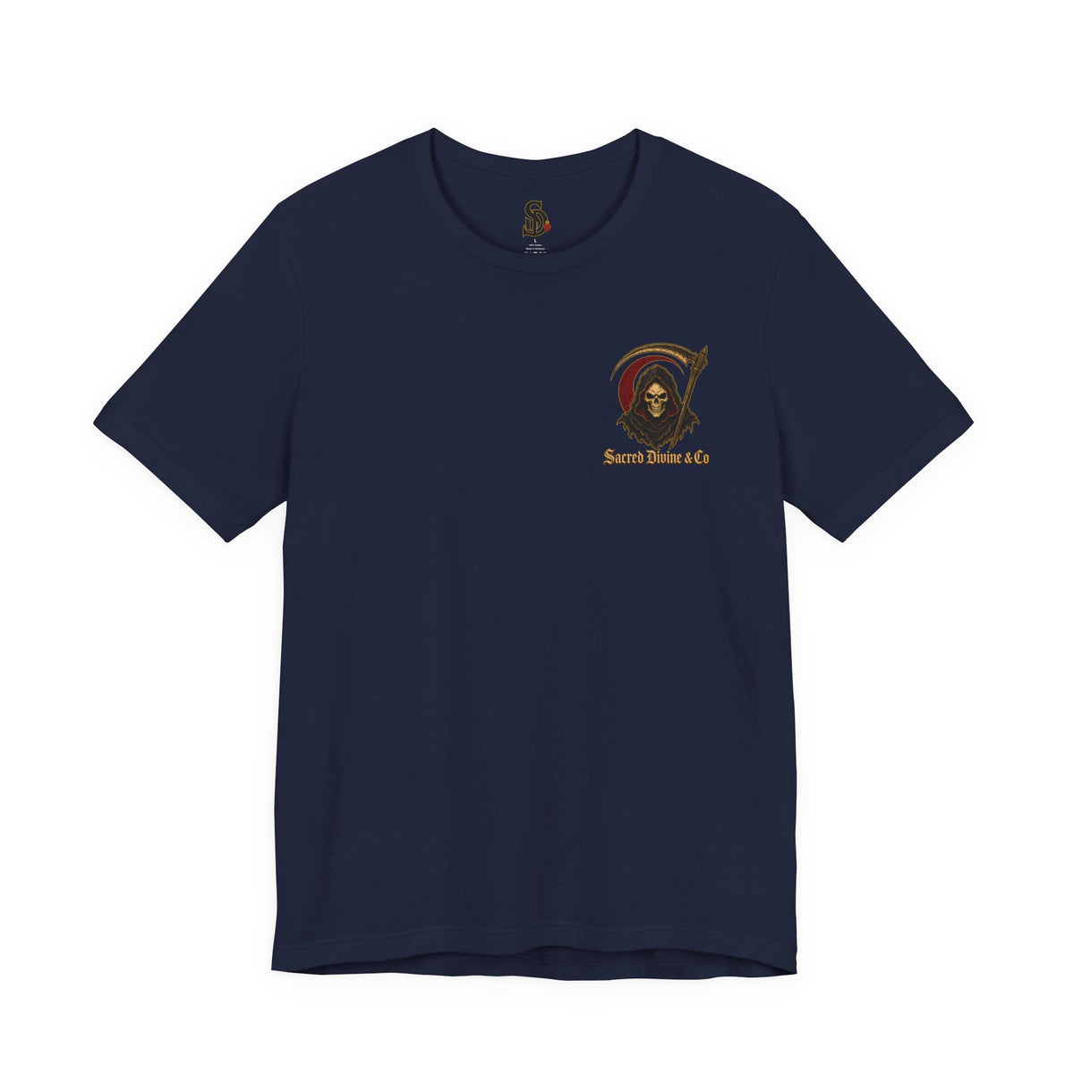 Grim Reaper Graphic Tee navy front flat-lay — Grim Reaper skull scythe red circle Sacred Divine & Co. left chest graphic