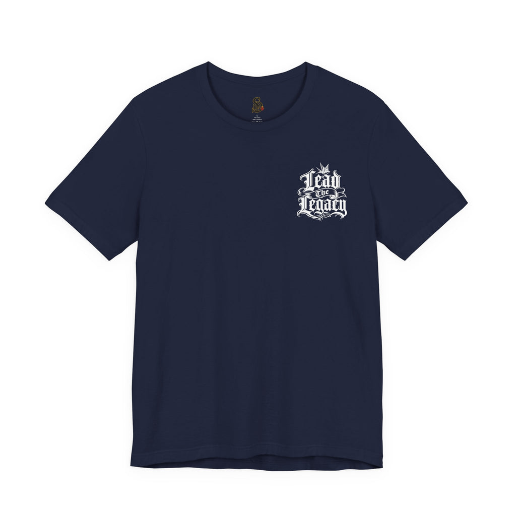 Lead the Legacy Graphic Tee navy front flat-lay — Lead the Legacy gothic script left chest pocket logo