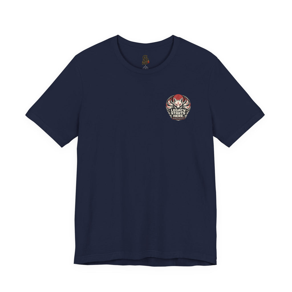 Legacy Starts Here Tee Nine-Tailed Fox navy front flat-lay — Kitsune fox Legacy Starts Here Sacred Divine & Co. circular crest left chest graphic