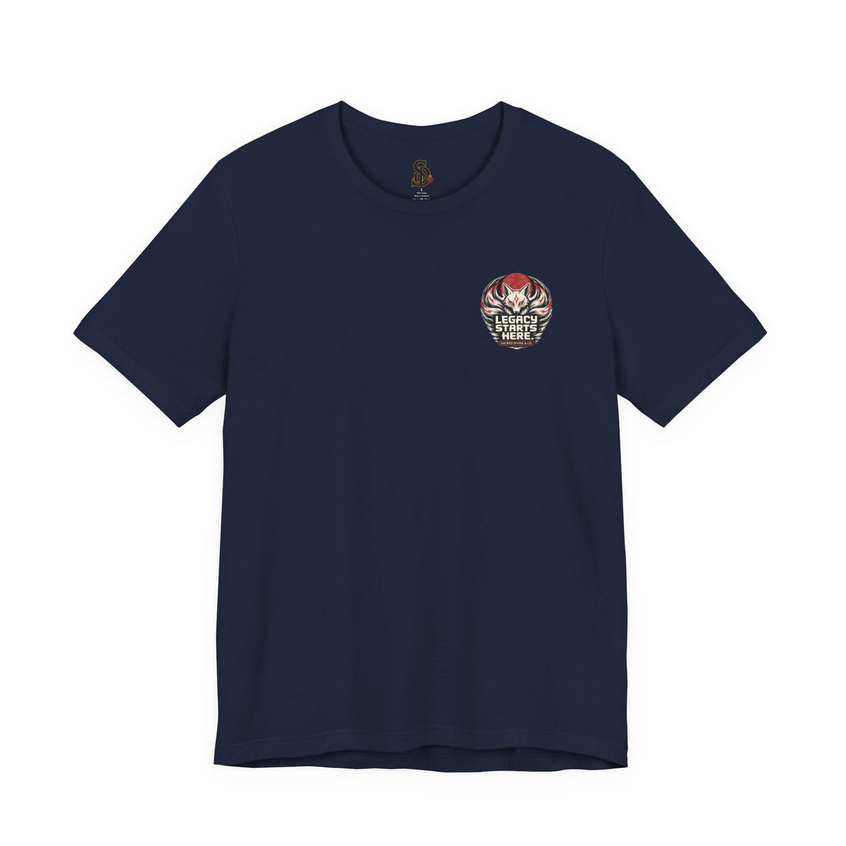 Legacy Starts Here Tee Nine-Tailed Fox navy front flat-lay — Kitsune fox Legacy Starts Here Sacred Divine & Co. circular crest left chest graphic