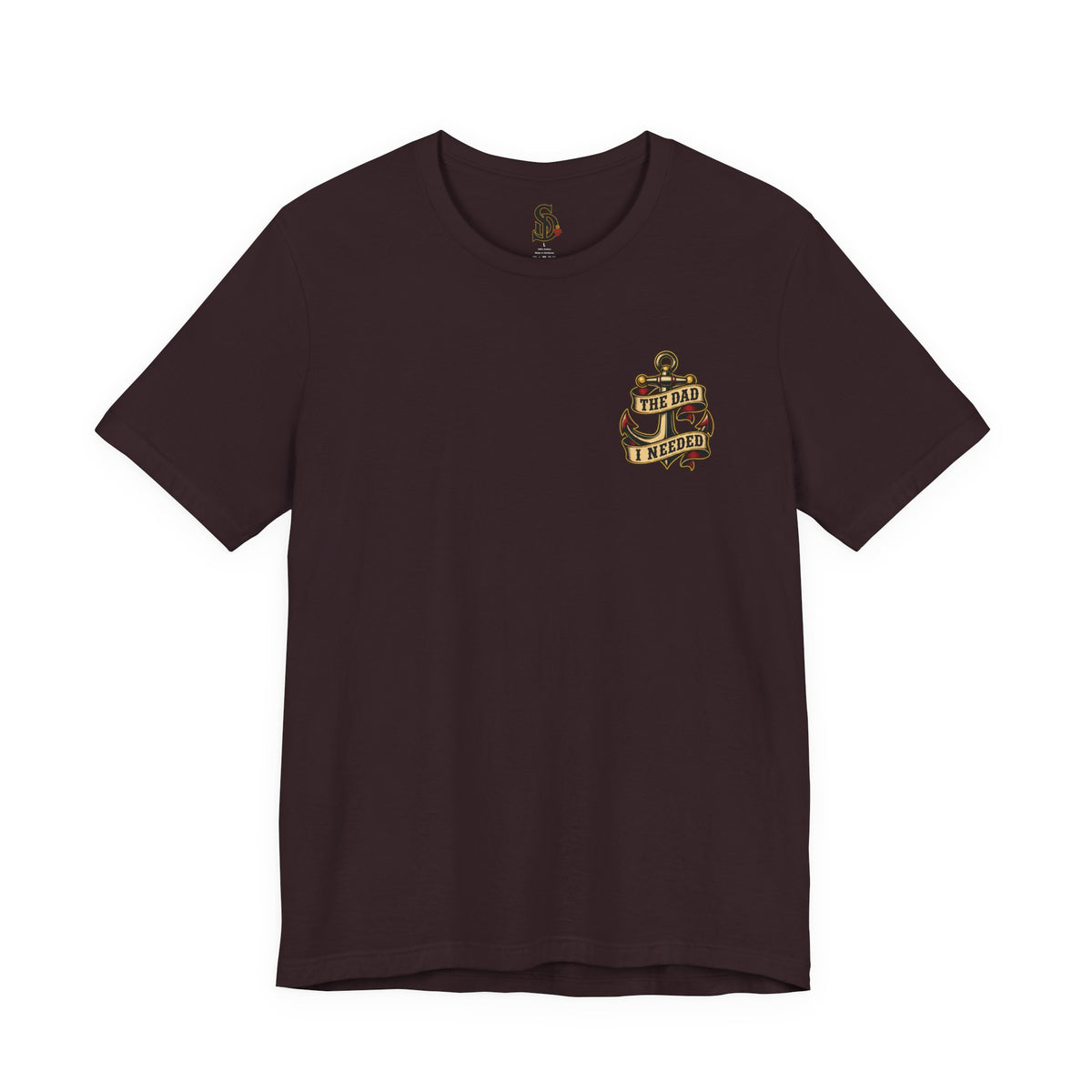 Fatherhood Is the Mission Tee oxblood black front flat-lay — The Dad I Needed vintage anchor left chest graphic