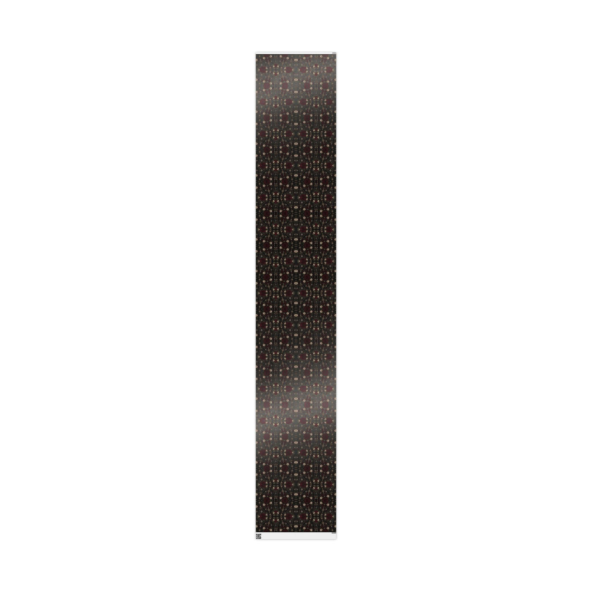 Midnight Floral Medallion wrapping paper with charcoal background and repeating burgundy and ivory floral motifs, shown as a full roll.