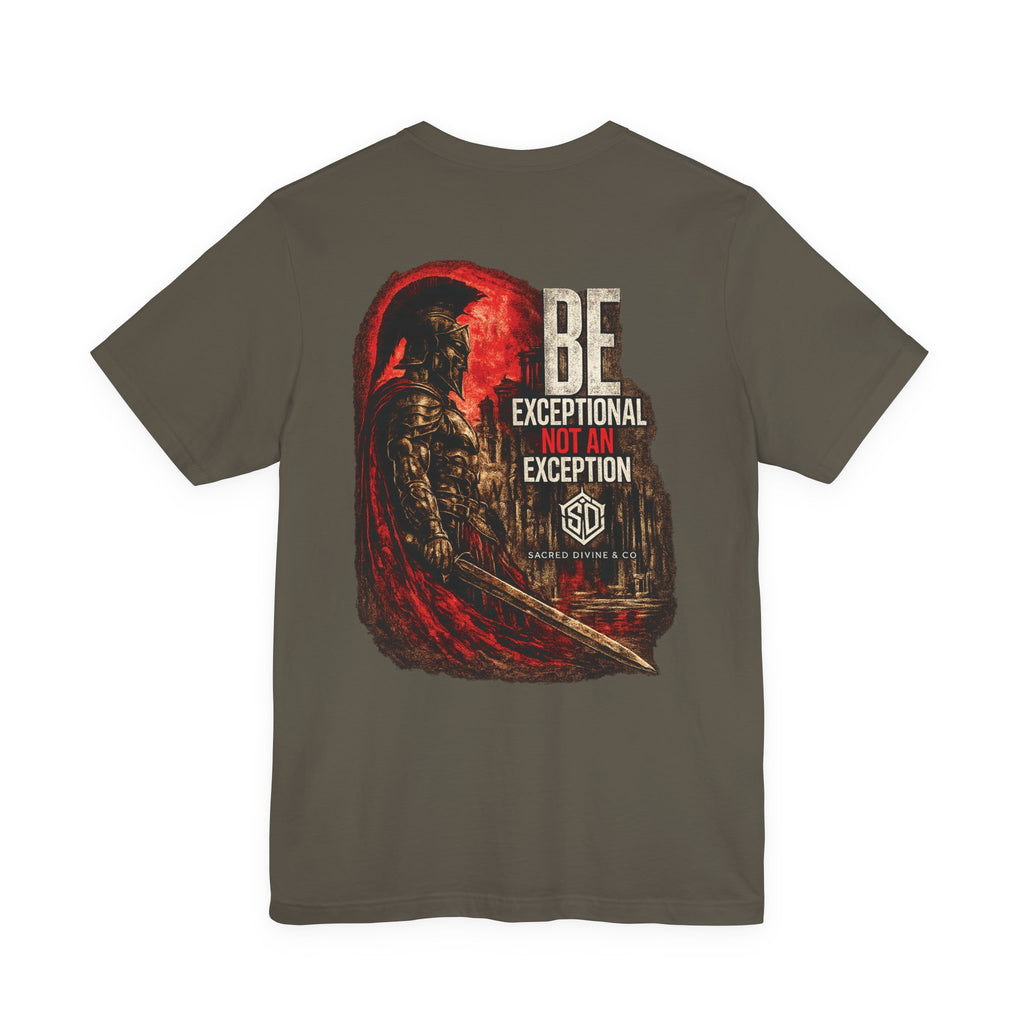 Spartan Warrior Tee army back flat-lay — Be Exceptional Not An Exception armored Spartan warrior with red cape and sword Sacred Divine & Co. SD monogram full back graphic