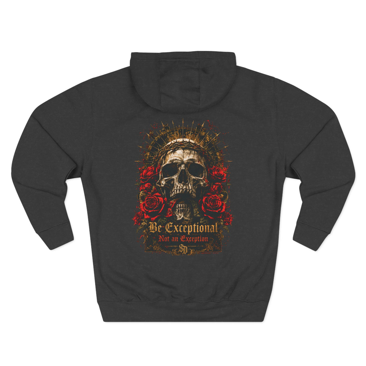 Gothic Skull Crest Fleece Hoodie charcoal heather back flat-lay — Be Exceptional Not an Exception gothic skull gold thorn crown halo red roses SD monogram full back graphic