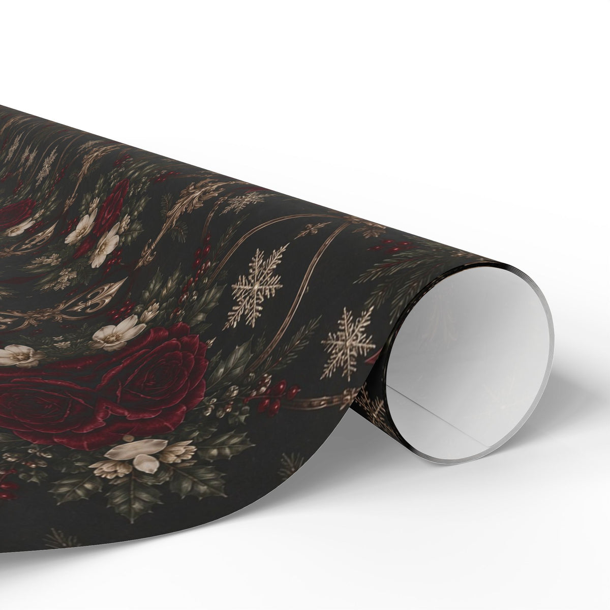 Overhead view of Midnight Floral Medallion wrapping paper with a wrapped gift, scissors, clear tape, twine, and paper tags on a wood tray.