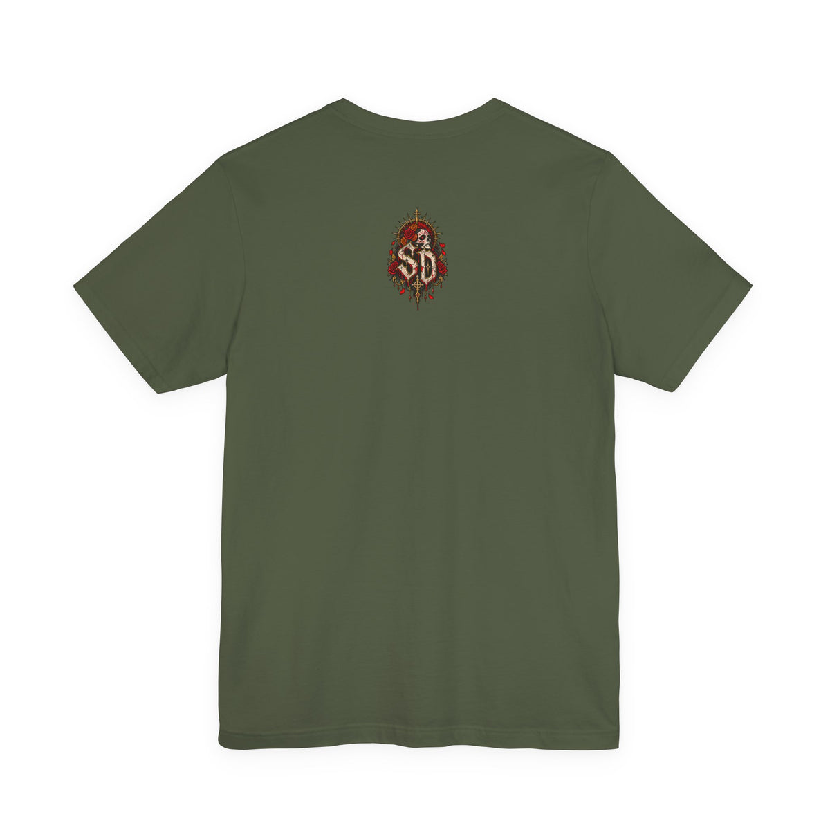 Day of the Dead Gothic Tee product mockup with skeletal Day of the Dead artwork and red accents
