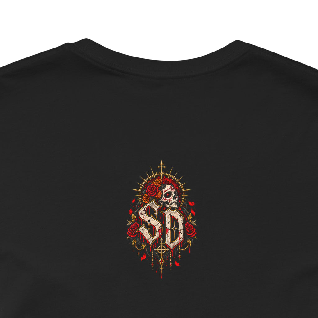 Day of the Dead Gothic Tee product mockup with skeletal Day of the Dead artwork and red accents
