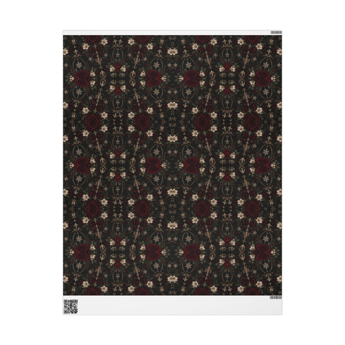 Full sheet of Midnight Floral Medallion wrapping paper showing repeating burgundy and ivory floral medallions on charcoal, with white printer margins and a QR code.