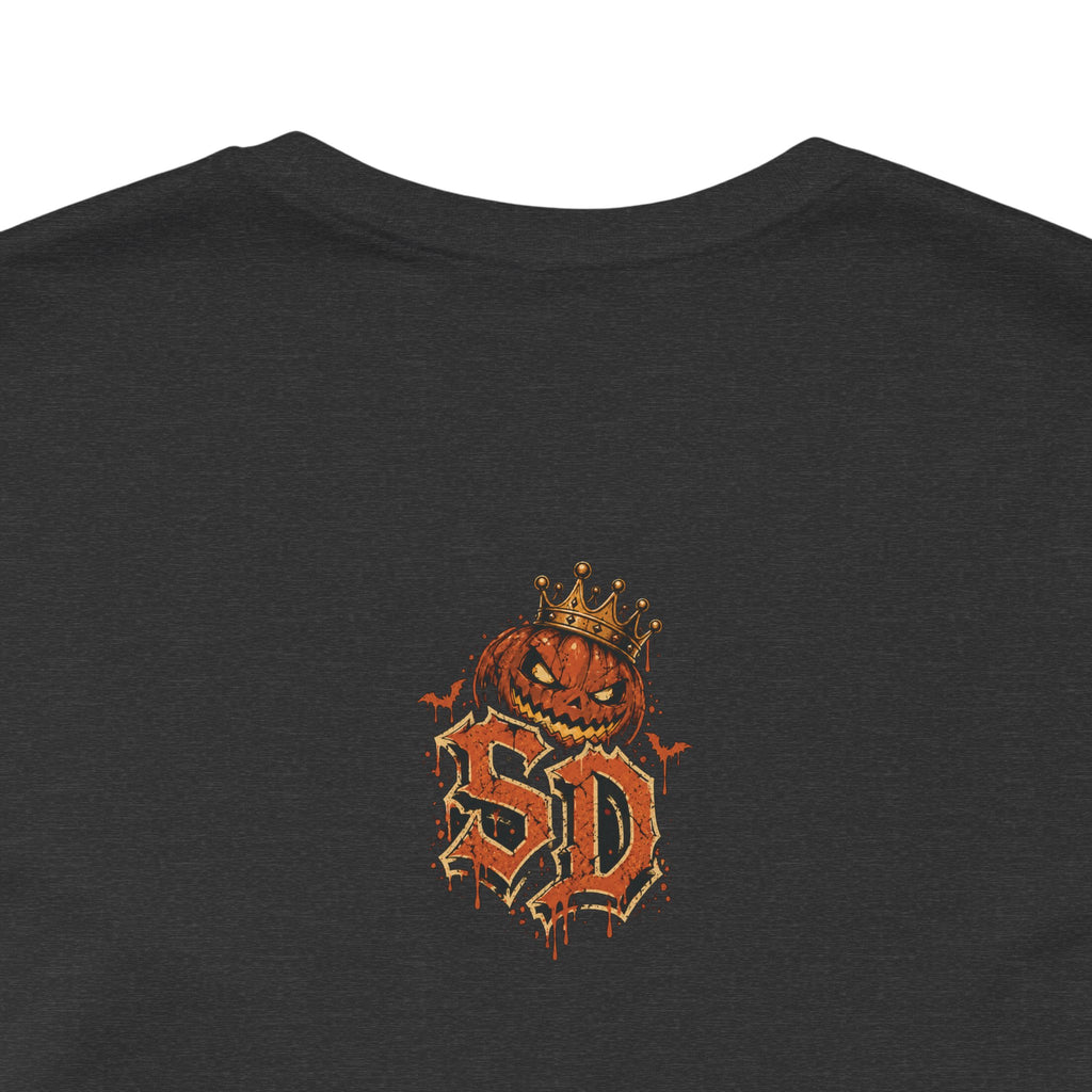 Pumpkin Kingpin Crew Tee product mockup featuring crowned jack-o'-lantern kingpin and crew artwork