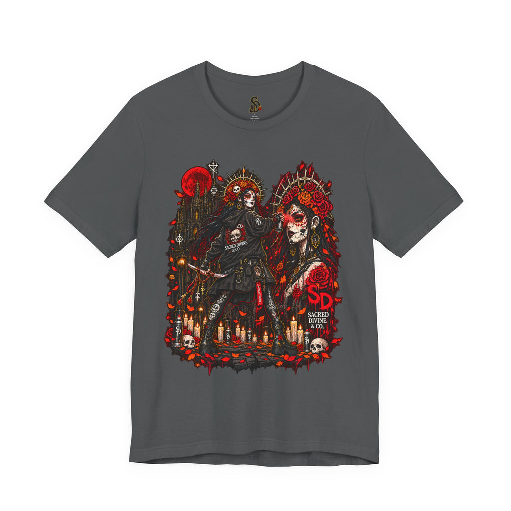 Day of the Dead Gothic Tee product mockup with skeletal Day of the Dead artwork and red accents