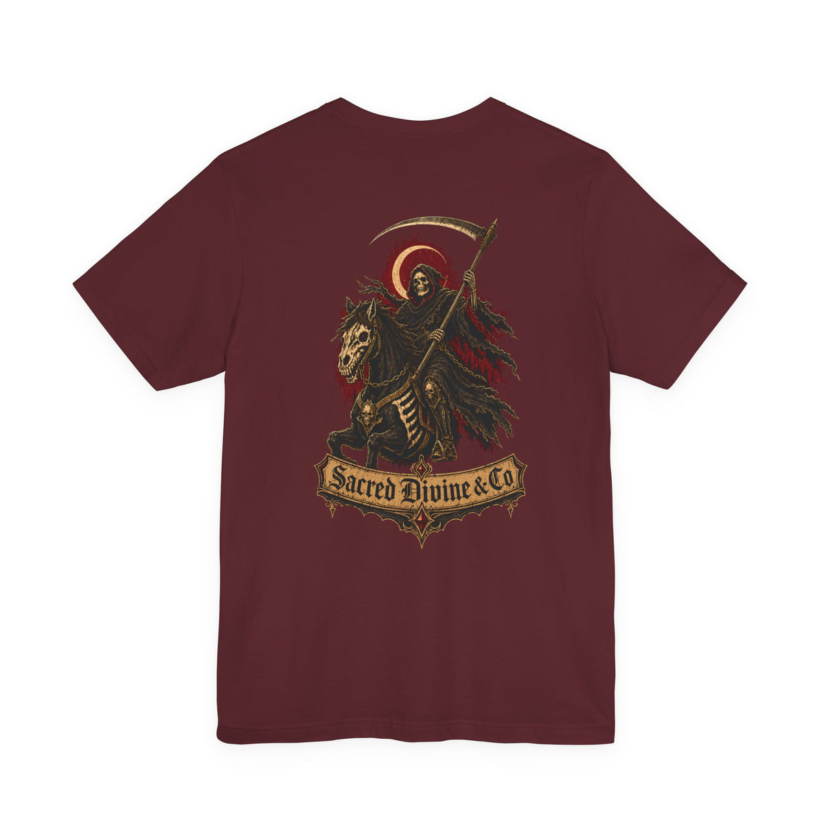 Grim Reaper Graphic Tee maroon back flat-lay — Grim Reaper on skeleton horse with scythe and crescent moon Sacred Divine & Co. scroll banner full back graphic